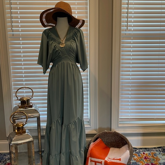 Maxi dress casual mid sleeves pleated ruffle BoHo dress - Picture 14 of 16